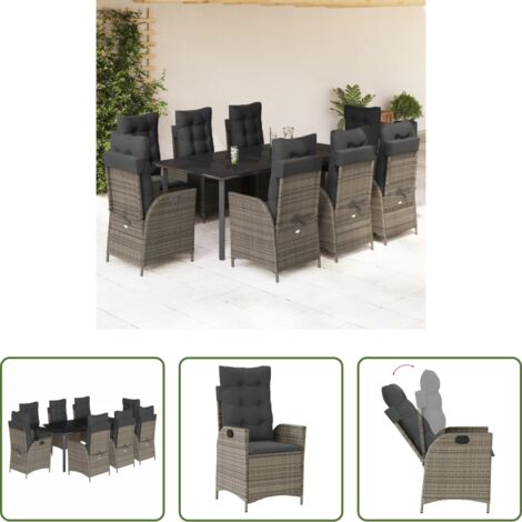 Sedie da giardino reclinabili -  Set da Pranzo da Giardino 9 pz con Cuscini in Polyrattan Grigio