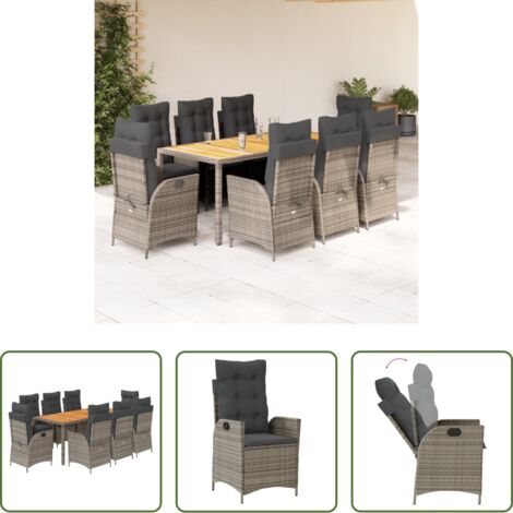 Sedie da giardino reclinabili -  Set da Pranzo da Giardino 9 pz con Cuscini in Polyrattan Grigio