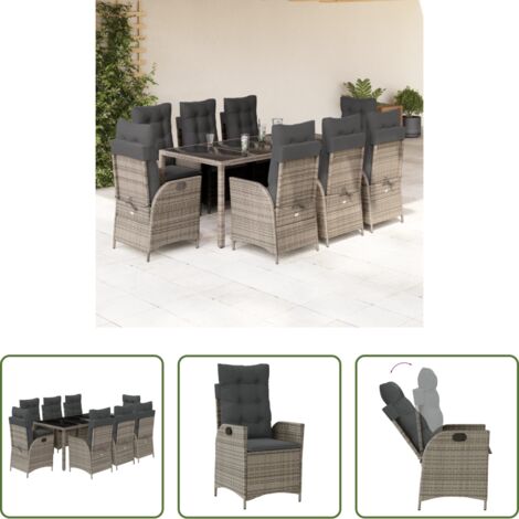 Sedie da giardino reclinabili -  Set da Pranzo da Giardino 9 pz con Cuscini in Polyrattan Grigio