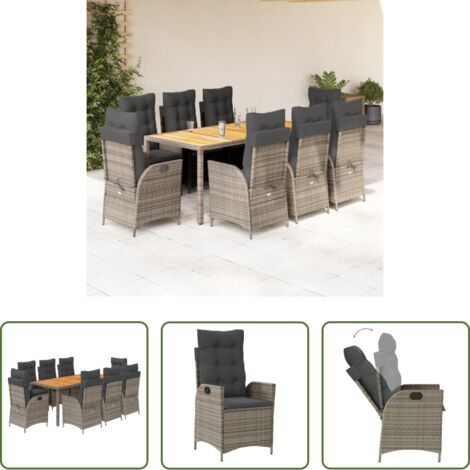 Sedie da giardino reclinabili -  Set da Pranzo da Giardino 9 pz con Cuscini in Polyrattan Grigio