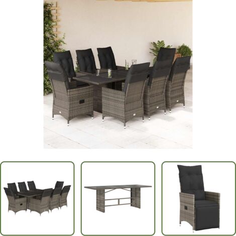 Sedie da giardino reclinabili -  Set da Pranzo da Giardino 9 pz con Cuscini in Polyrattan Grigio