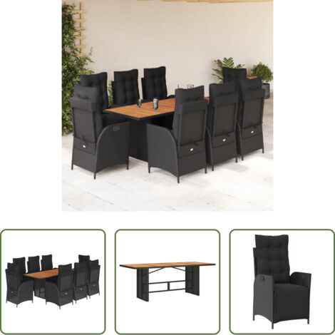 Sedie da giardino reclinabili -  Set da Pranzo da Giardino 9 pz con Cuscini Nero in Polyrattan