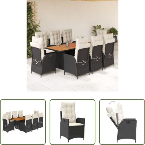 Sedie da giardino reclinabili -  Set da Pranzo da Giardino 9 pz con Cuscini Nero in Polyrattan