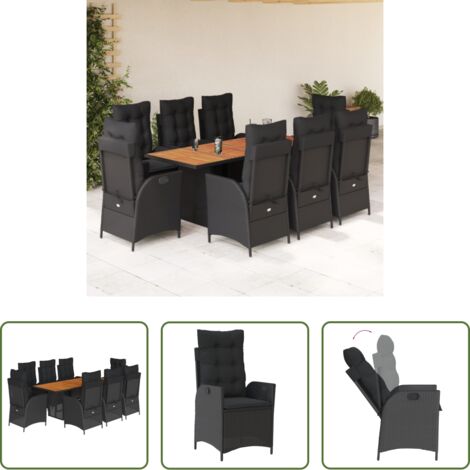 Sedie da giardino reclinabili -  Set da Pranzo da Giardino 9 pz con Cuscini Nero in Polyrattan