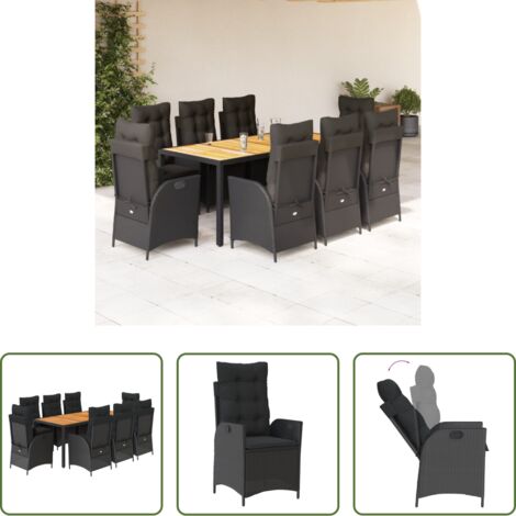 Sedie da giardino reclinabili -  Set da Pranzo da Giardino 9 pz con Cuscini Nero in Polyrattan