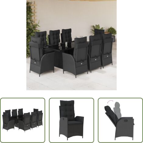 Sedie da giardino reclinabili -  Set da Pranzo da Giardino 9 pz con Cuscini Nero in Polyrattan