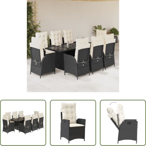 Sedie da giardino reclinabili -  Set da Pranzo da Giardino 9 pz con Cuscini Nero in Polyrattan