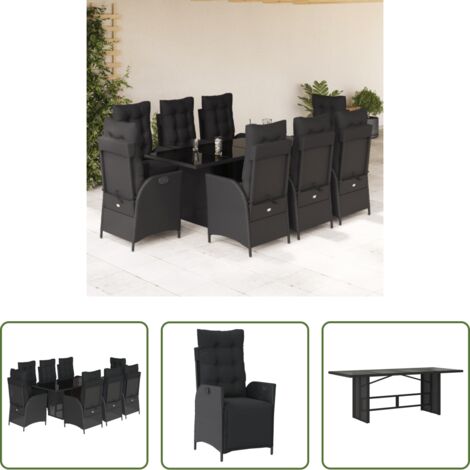Sedie da giardino reclinabili -  Set da Pranzo da Giardino 9 pz con Cuscini Nero in Polyrattan