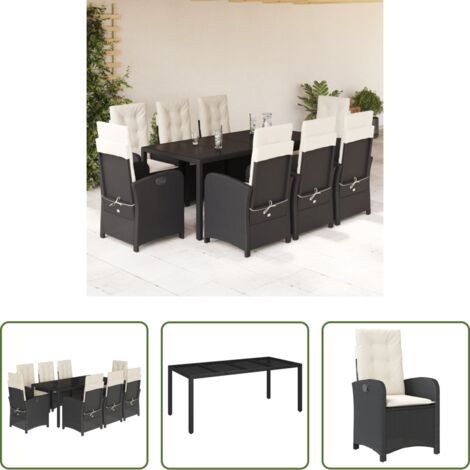 Sedie da giardino reclinabili -  Set da Pranzo da Giardino 9 pz con Cuscini Nero in Polyrattan