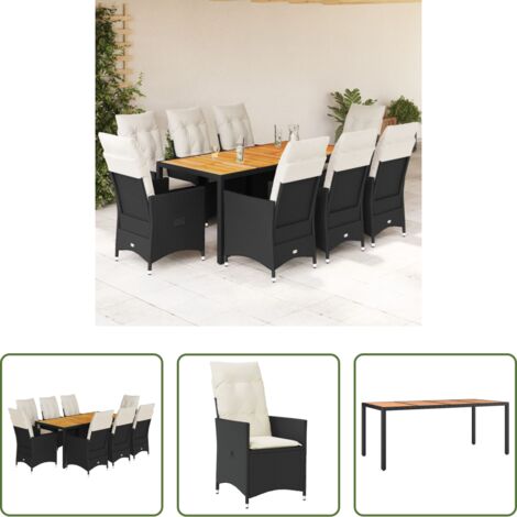 Sedie da giardino reclinabili -  Set da Pranzo da Giardino 9 pz con Cuscini Nero in Polyrattan