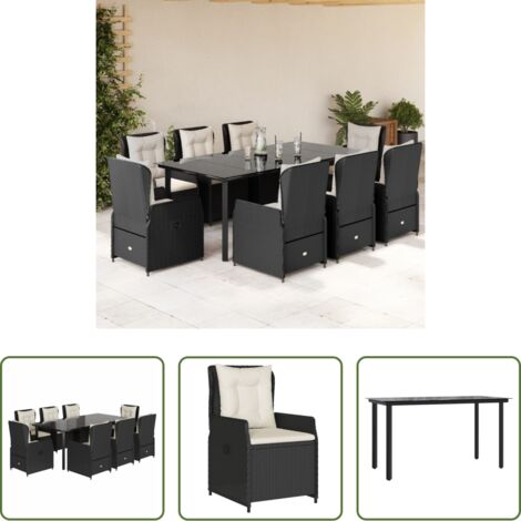 Sedie da giardino reclinabili -  Set da Pranzo da Giardino 9 pz con Cuscini Nero in Polyrattan
