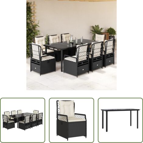 Sedie da giardino reclinabili -  Set da Pranzo da Giardino 9 pz con Cuscini Nero in Polyrattan