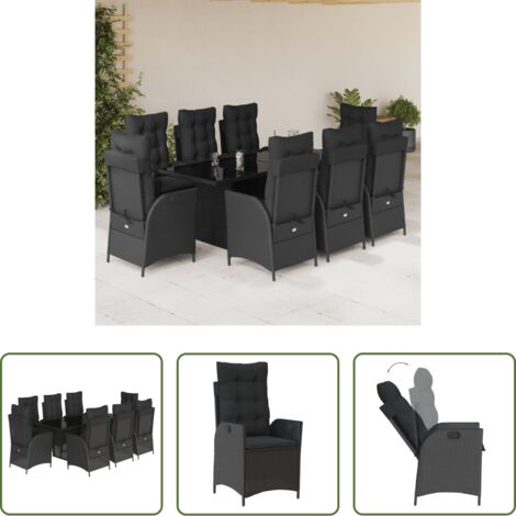 Sedie da giardino reclinabili -  Set da Pranzo da Giardino 9 pz con Cuscini Nero in Polyrattan