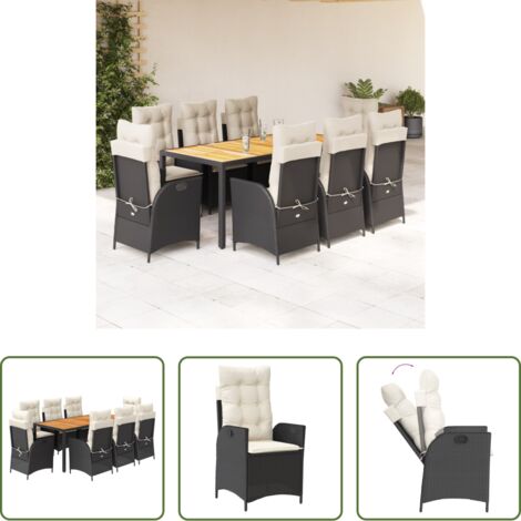 Sedie da giardino reclinabili -  Set da Pranzo da Giardino 9 pz con Cuscini Nero in Polyrattan