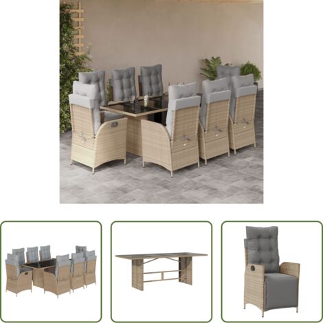 Sedie da giardino reclinabili -  Set Pranzo da Giardino 9 pz con Cuscini Beige Misto Polyrattan