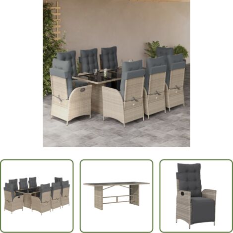 Sedie da giardino reclinabili -  Set Pranzo da Giardino 9pz con Cuscini Grigio Chiaro Polyrattan