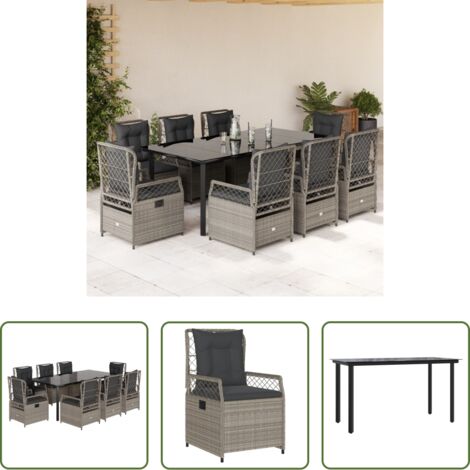 Sedie da giardino reclinabili -  Set Pranzo da Giardino 9pz con Cuscini Grigio Chiaro Polyrattan