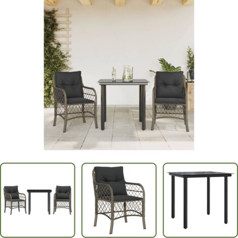 Sedie da giardino -  Set da Bistrò 3 pz con Cuscini Grigio in Polyrattan