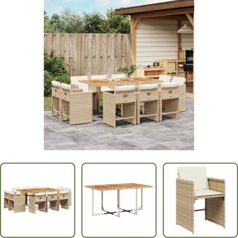 Sedie da giardino -  Set da Pranzo da Giardino 11 pz con Cuscini Beige in Polyrattan