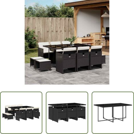 Sedie da giardino -  Set da Pranzo da Giardino 11 pz con Cuscini in Polyrattan Nero