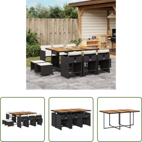 Sedie da giardino -  Set da Pranzo da Giardino 11 pz con Cuscini in Polyrattan Nero