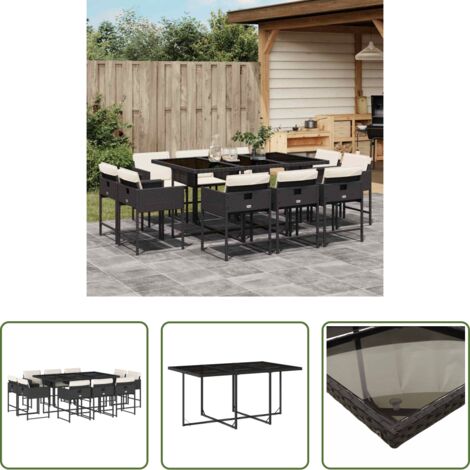 Sedie da giardino -  Set da Pranzo da Giardino 11 pz con Cuscini in Polyrattan Nero