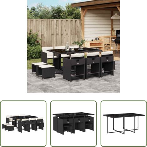 Sedie da giardino -  Set da Pranzo da Giardino 11 pz con Cuscini in Polyrattan Nero