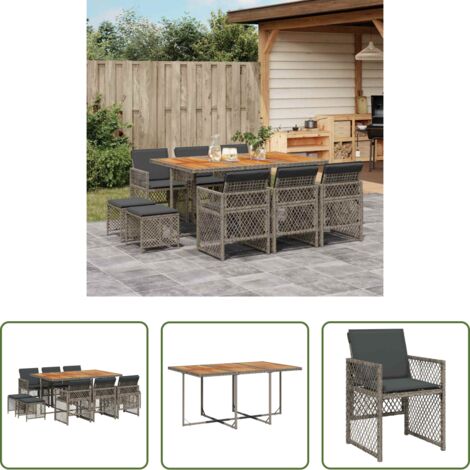 Sedie da giardino -  Set da Pranzo da Giardino 11pz con Cuscini in Polyrattan Grigio
