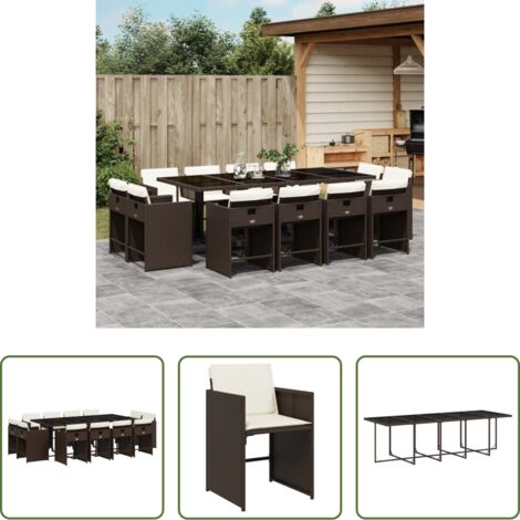 Sedie da giardino -  Set da Pranzo da Giardino 13pz con Cuscini Marrone Polyrattan