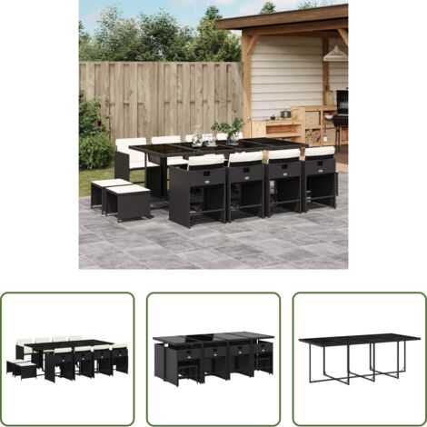 Sedie da giardino -  Set da Pranzo da Giardino 13pz con Cuscini Nero in Polyrattan