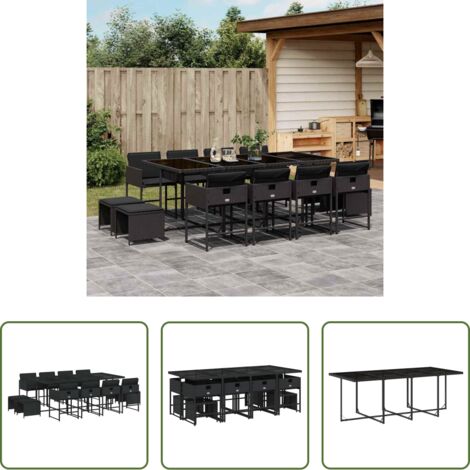 Sedie da giardino -  Set da Pranzo da Giardino 13pz con Cuscini Nero in Polyrattan