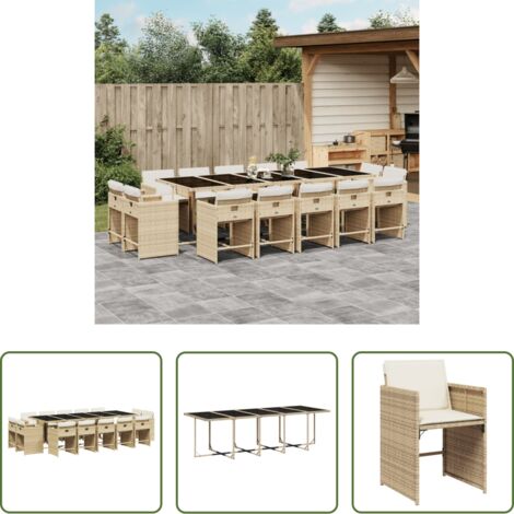Sedie da giardino -  Set da Pranzo da Giardino 15 pz con Cuscini Beige in Polyrattan