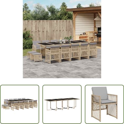 Sedie da giardino -  Set da Pranzo da Giardino 15 pz con Cuscini Beige in Polyrattan