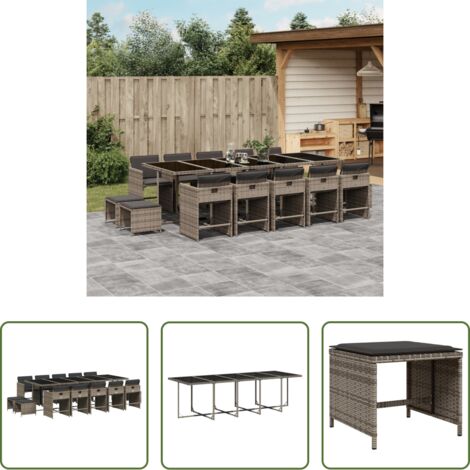 Sedie da giardino -  Set da Pranzo da Giardino 15 pz con Cuscini Grigio Polyrattan