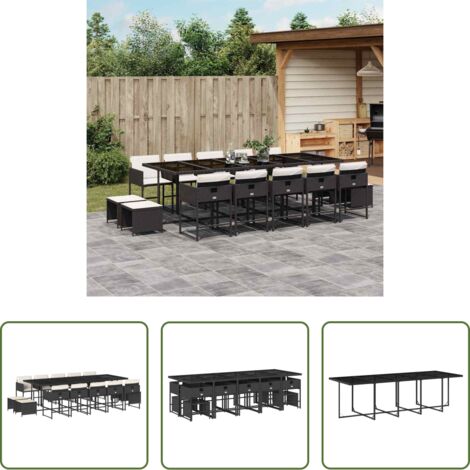 Sedie da giardino -  Set da Pranzo da Giardino 15 pz con Cuscini Nero in Polyrattan