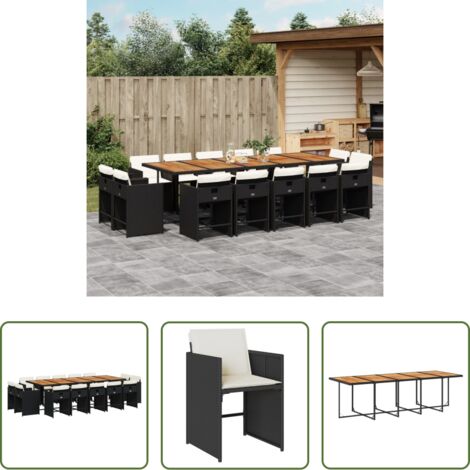 Sedie da giardino -  Set da Pranzo da Giardino 15 pz con Cuscini Nero in Polyrattan