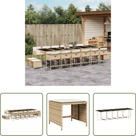 Sedie da giardino -  Set da Pranzo da Giardino 17 pz con Cuscini Beige in Polyrattan