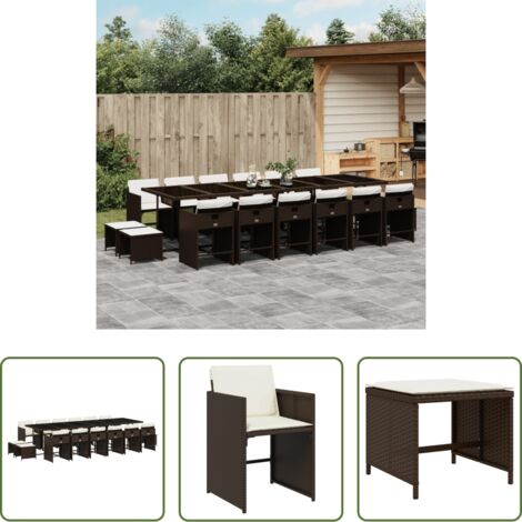 Sedie da giardino -  Set da Pranzo da Giardino 17 pz con Cuscini Marrone Polyrattan