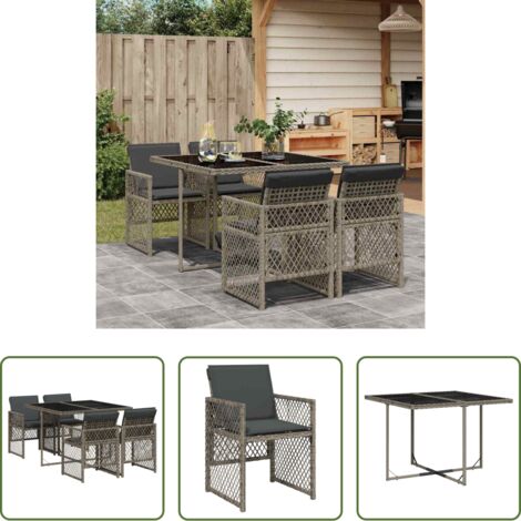 Sedie da giardino -  Set da Pranzo da Giardino 5 pz con Cuscini in Polyrattan Grigio