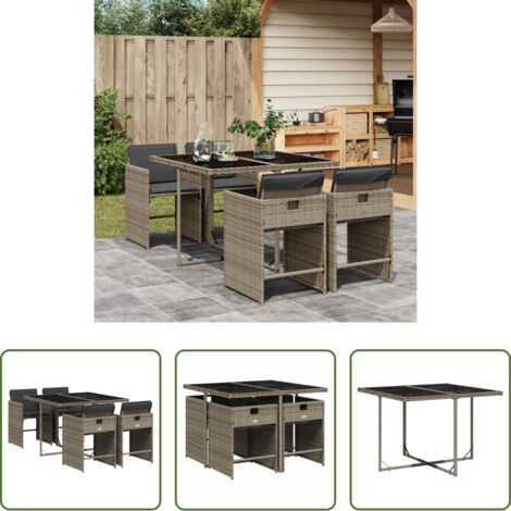 Sedie da giardino -  Set da Pranzo da Giardino 5 pz con Cuscini in Polyrattan Grigio