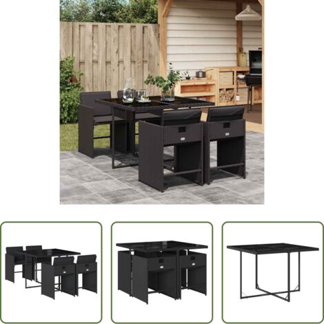 Sedie da giardino -  Set da Pranzo da Giardino 5 pz Nero con Cuscini in Polyrattan