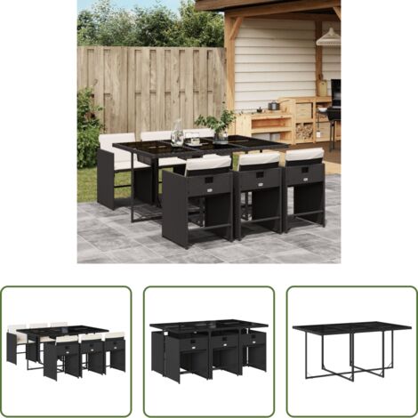 Sedie da giardino -  Set da Pranzo da Giardino 7 pz Nero con Cuscini in Polyrattan