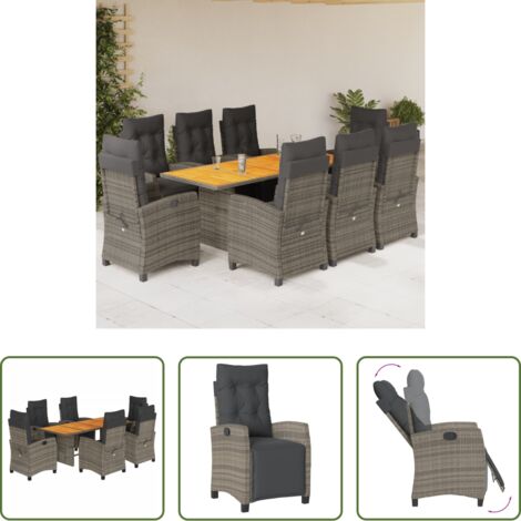 Sedie da giardino -  Set da Pranzo da Giardino 9 pz con Cuscini in Polyrattan Grigio