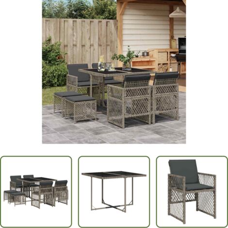 Sedie da giardino -  Set da Pranzo da Giardino 9 pz con Cuscini in Polyrattan Grigio
