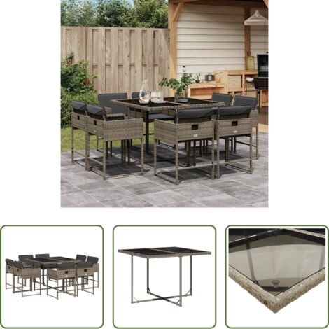 Sedie da giardino -  Set da Pranzo da Giardino 9 pz con Cuscini in Polyrattan Grigio