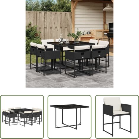 Sedie da giardino -  Set da Pranzo da Giardino 9 pz con Cuscini Nero in Polyrattan