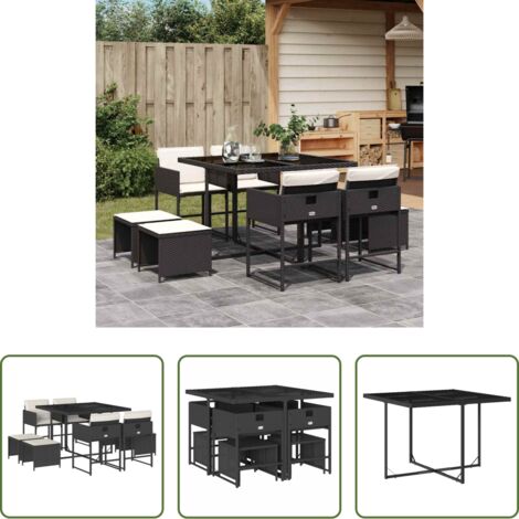 Sedie da giardino - Set da Pranzo da Giardino 9 pz con Cuscini Nero in Polyrattan