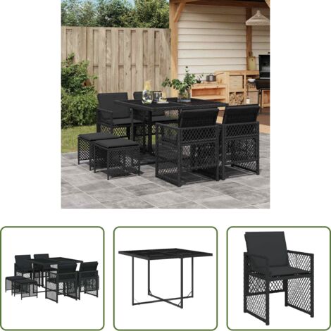 Sedie da giardino -  Set da Pranzo da Giardino 9 pz con Cuscini Nero in Polyrattan