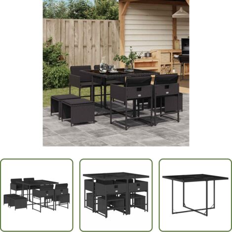 Sedie da giardino -  Set da Pranzo da Giardino 9 pz con Cuscini Nero in Polyrattan