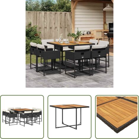 Sedie da giardino -  Set da Pranzo da Giardino 9 pz con Cuscini Nero in Polyrattan